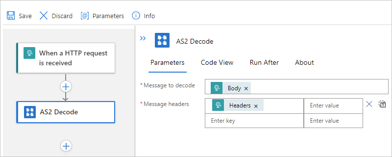 Screenshot showing the Standard workflow designer and "AS2 Decode" action with the message decoding properties.