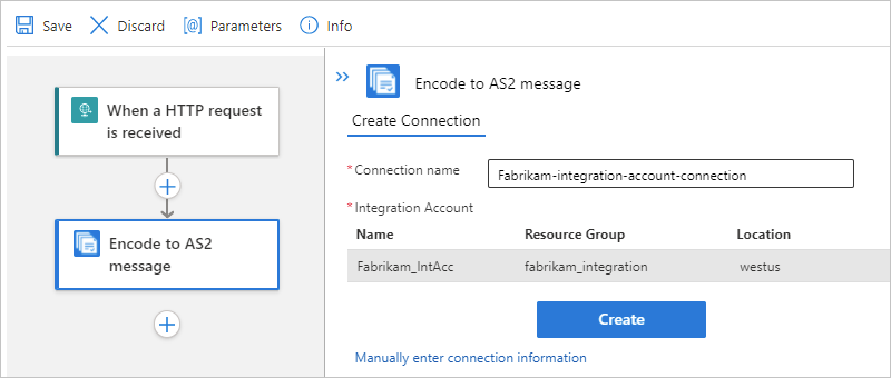Screenshot showing "Encode to AS2 message" connection information.