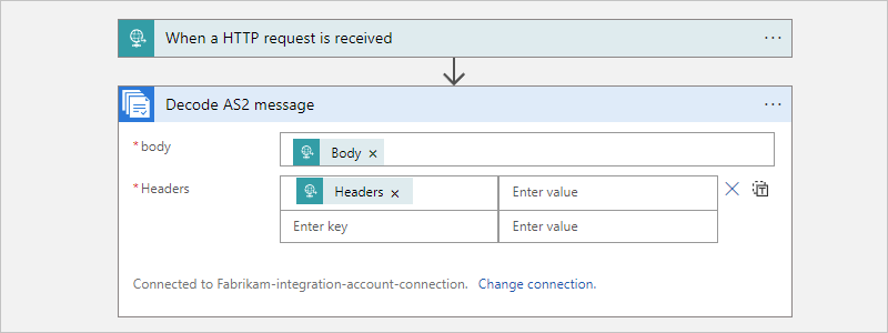 Screenshot showing the "Decode AS2 message" action with the message decoding properties.