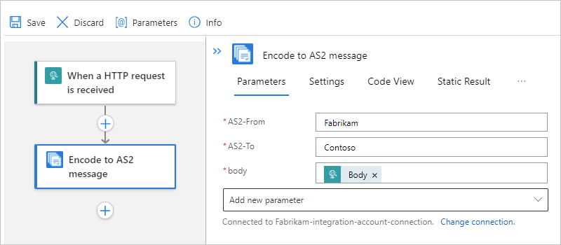 Screenshot showing the "Encode to AS2 message" action with the message encoding properties.