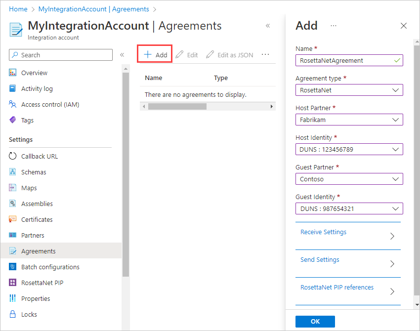 Screenshot shows Agreements page with Add option selected. On the pane named Add, boxes appear for the agreement name and type and for partner information.