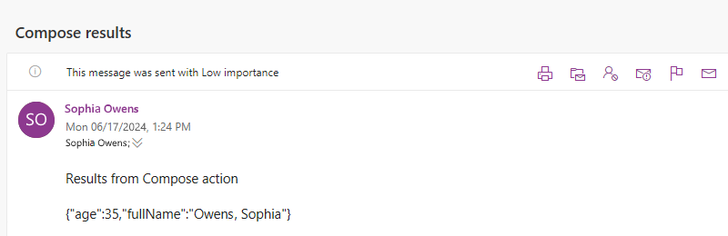Screenshot showing an email with the "Compose" action results.