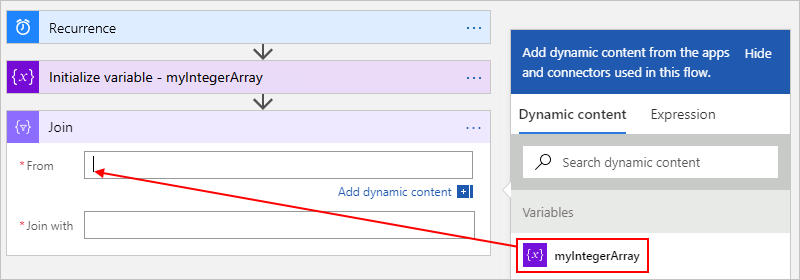 Screenshot showing the designer for a Consumption workflow, the "Join" action, and the selected array output to use join as a string.