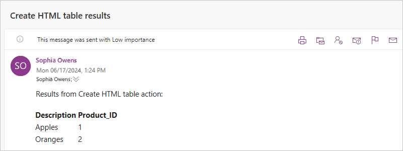 Screenshot showing an email with the "Create HTML table" results.