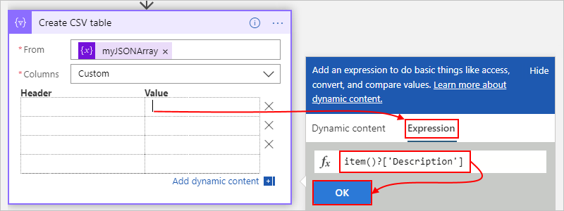 Screenshot showing the "Create CSV table" action in a Consumption workflow and how to dereference the "Description" array property.