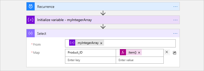 Screenshot showing the "Select" action in a Consumption workflow and the finished example for the "Select" action.