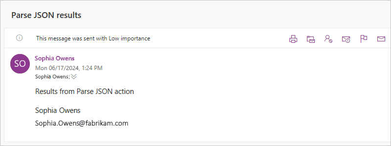 Screenshot showing an email with the "Parse JSON" action results.
