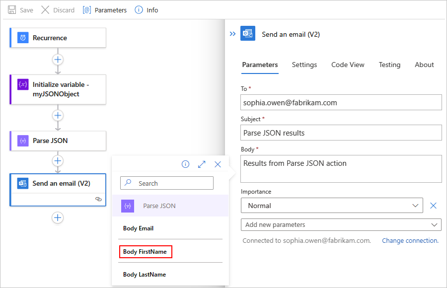 Screenshot showing a Standard workflow with JSON properties in the "Send an email" action.