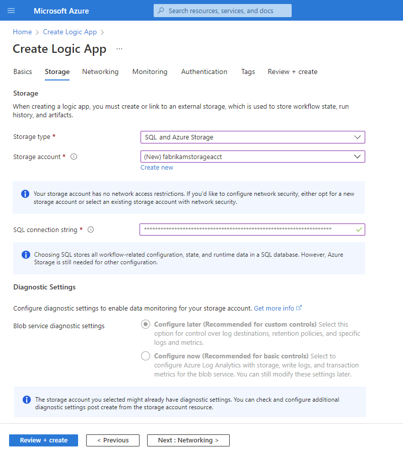Screenshot that shows the Azure portal and "Create Logic App" page with the "Hosting" tab.