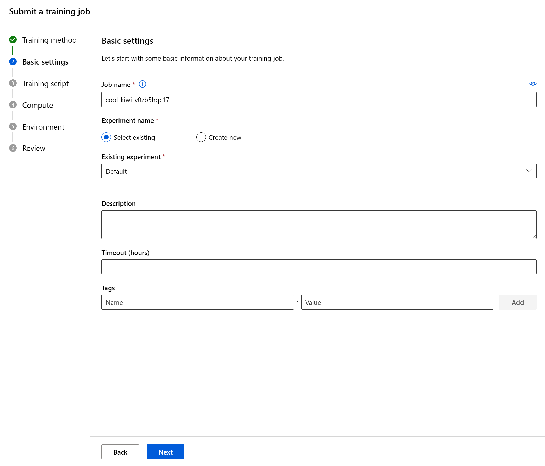 Azure Machine Learning studio job submission form for users to configure their basic settings.