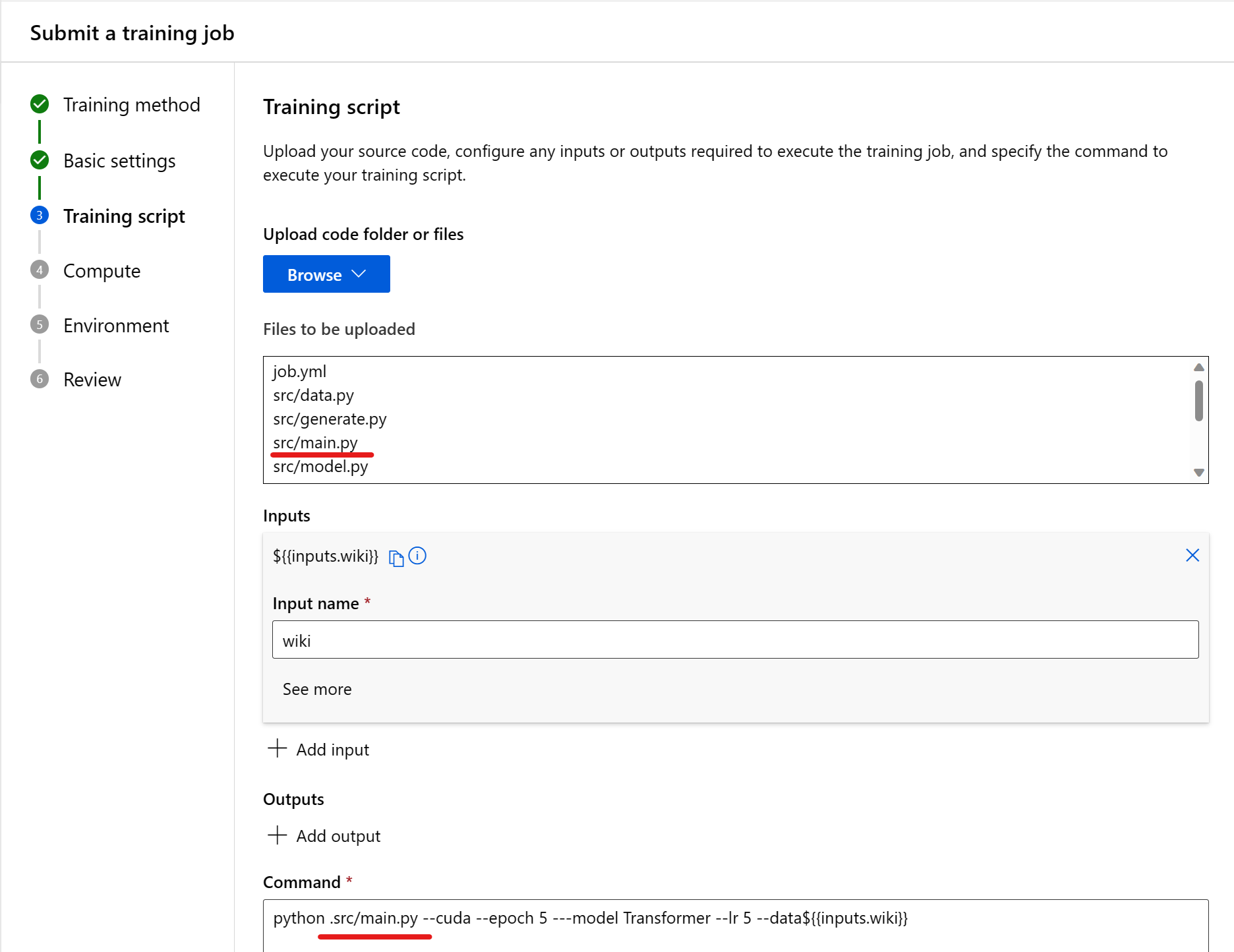 Image of referencing your code in the command in the training job submission form.