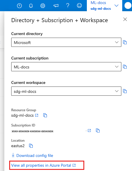 Screenshot shows where to access View all properties in Azure portal.