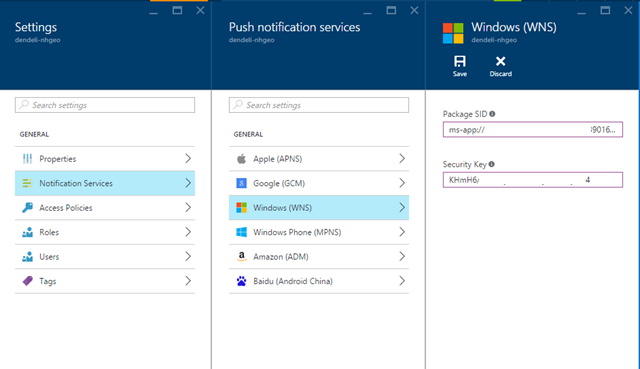 Screenshot showing the Settings page with the Notification Services and Windows (WNS) options highlighted and the Package SID and Security Key values filled in.