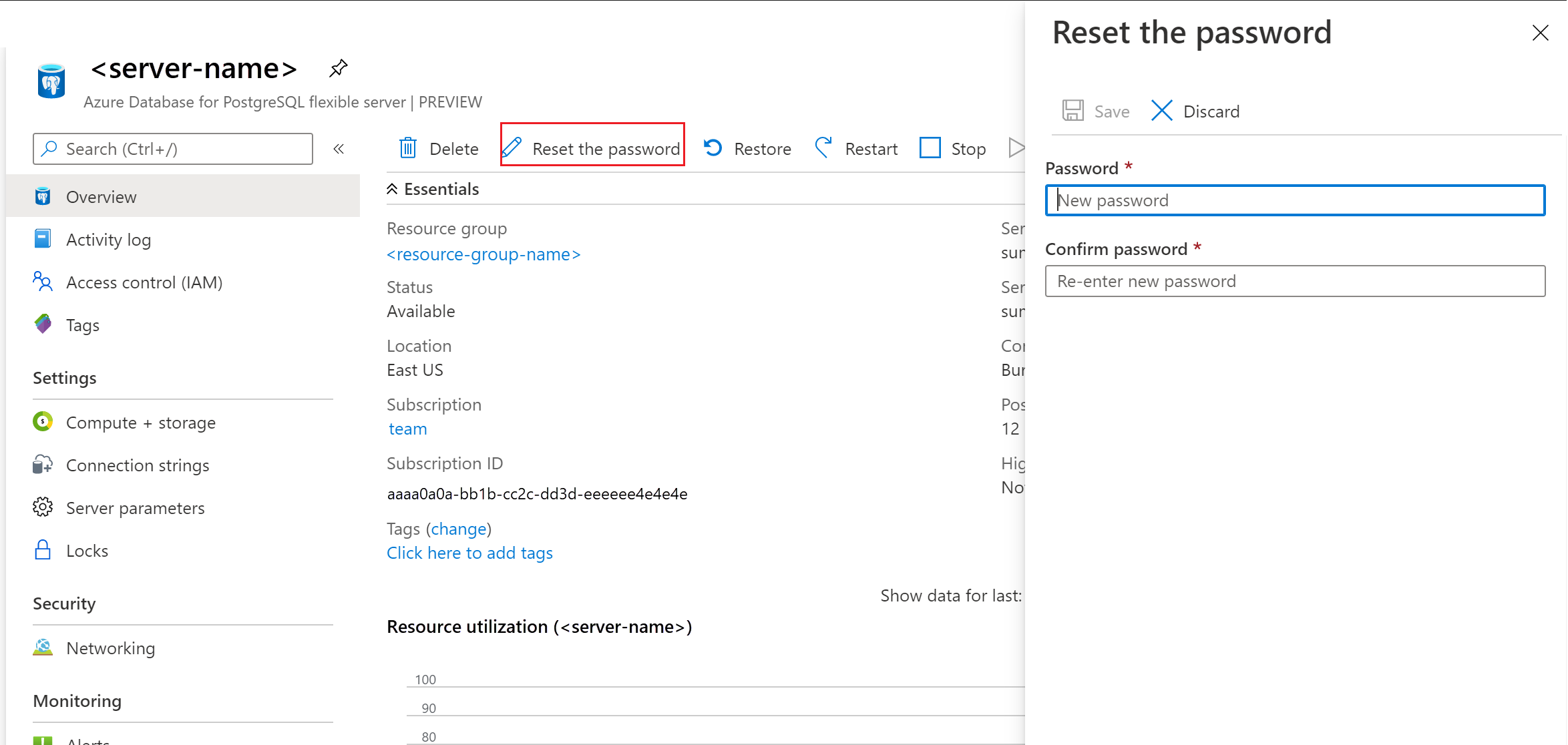 Reset your password for your Azure Database for PostgreSQL flexible server instance.