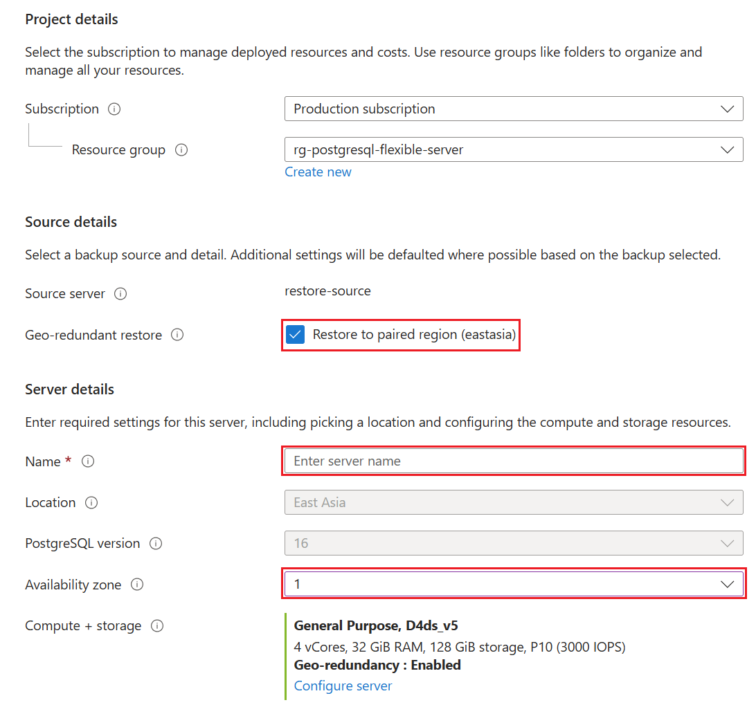 Screenshot that shows the option for restoring to a paired region for geo-redundant restore.