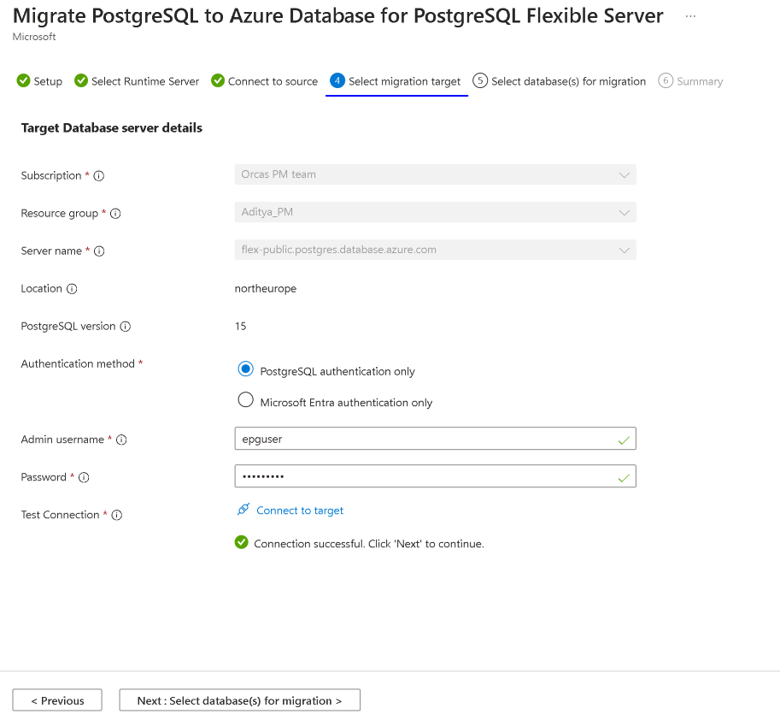 Screenshot of the connect target migration screen.