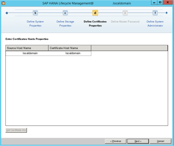 Screenshot of SAP HANA Lifecycle Management screen, with host name.