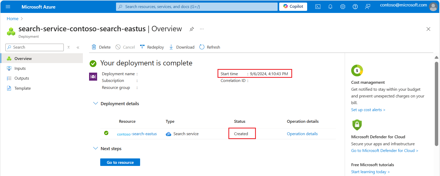 Screenshot of the deployment details showing creation date.