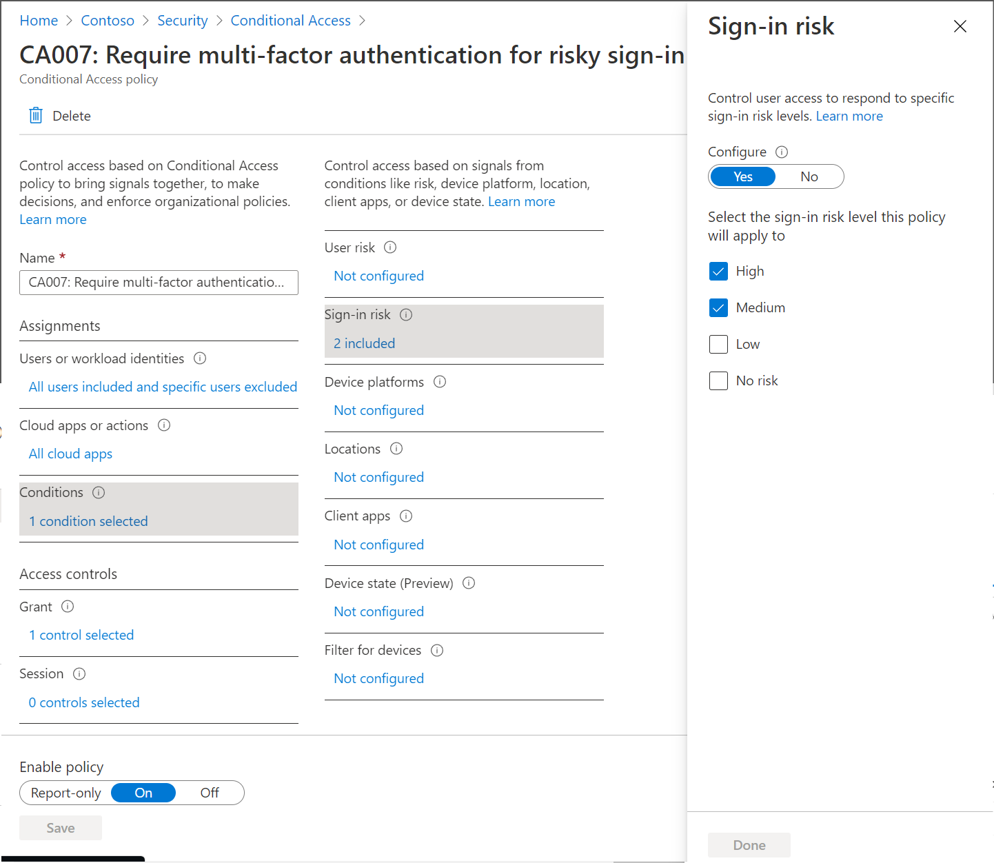 Conditional Access policy requiring MFA for medium and high risk sign-ins.