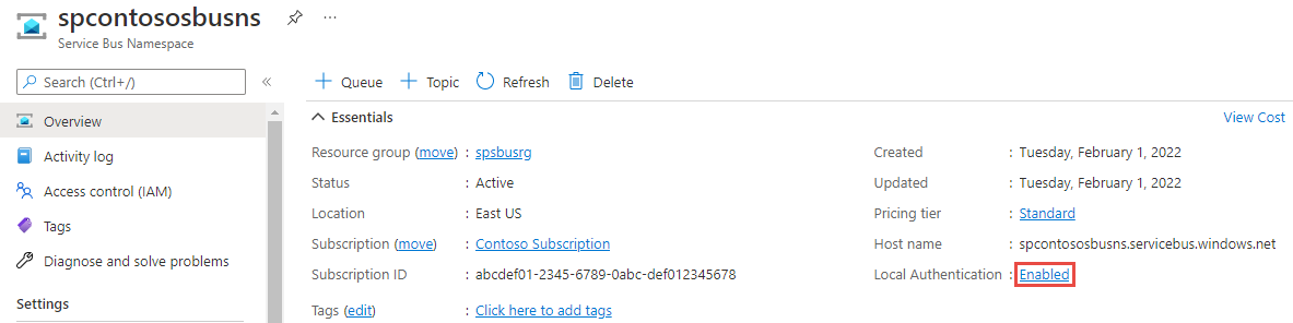 Image showing the Overview page of a Service Bus namespace with Local Authentication set to Enabled.