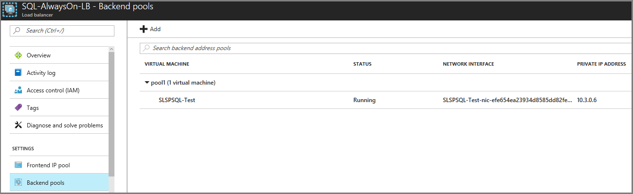 Screenshot of window titled "SQL-AlwaysOn-LB - Backend IP Pool