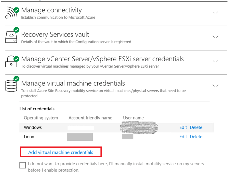 Screenshot shows Manage virtual machine credentials pane with the Add virtual machine credentials link.