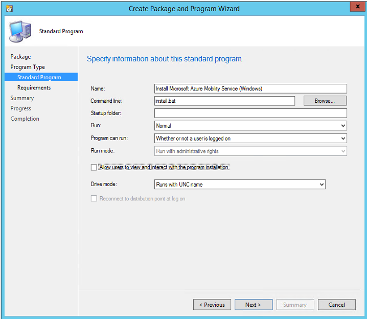 Screenshot that shows the information that you can specify for the standard program.