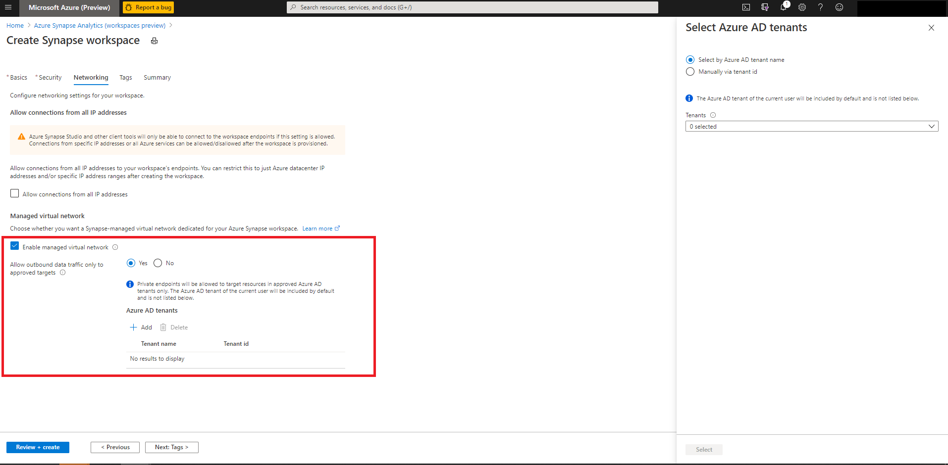 Screenshot that shows a Create Synapse workspace with 'Enable manage virtual network' selected.