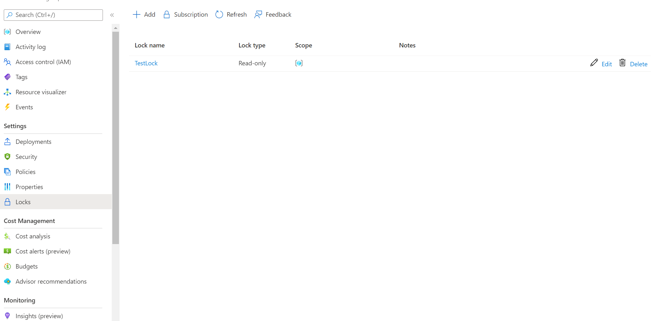 Screenshot of Delete lock in Azure portal.