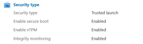 Screenshot of the Trusted Launch properties of the VM.