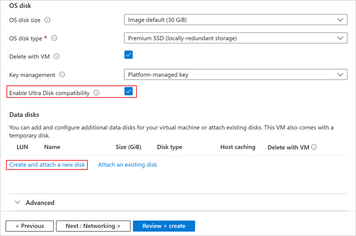 Screenshot of vm creation flow, disk blade, Ultra Disk compatibility is enabled and create and attach a new disk is highlighted.