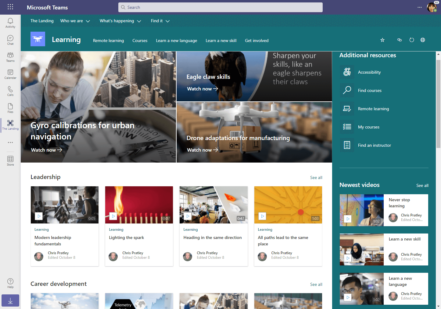 Learning site being shown via Viva Connections as a tab in Teams. Videos are shown on the page as hero elements at the top of the page, broken out by topics, and in a recent videos section.