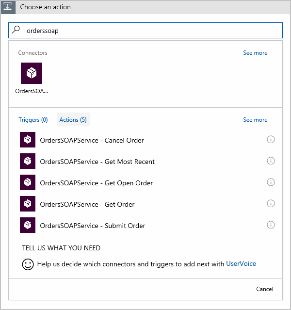 Find your connector in Logic Apps Designer Screenshot of finding your connector in Logic Apps Designer.