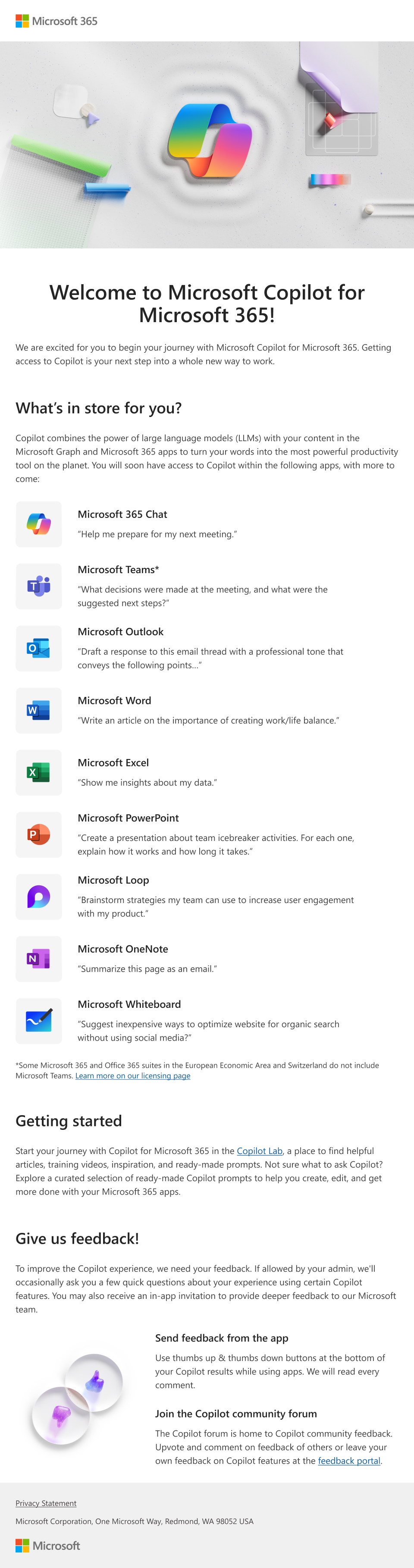 Kuva sähköpostista, jossa esitellään Microsoft Copilot Microsoft 365:lle ja sen ominaisuudet, jotka järjestelmänvalvoja voi tarjota käyttäjille.