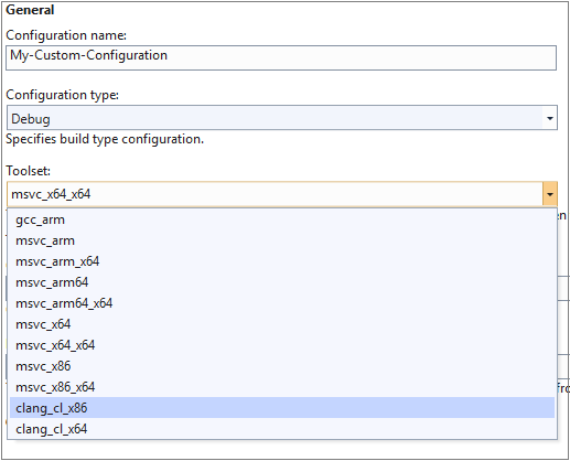 Screenshot of the General dialog box showing that the Toolset is selected and clang cl x 86 is highlighted.