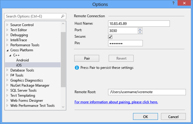 Screenshot of the Tools Options dialog for iOS pairing. The host name, the port, the Secure checkbox, the pin, and the Remote Root values are set.