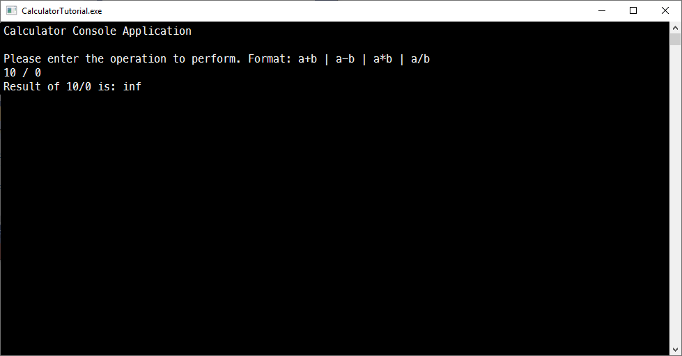 Screenshot of the Visual Studio Debug Console displaying the result of a division by zero operation.