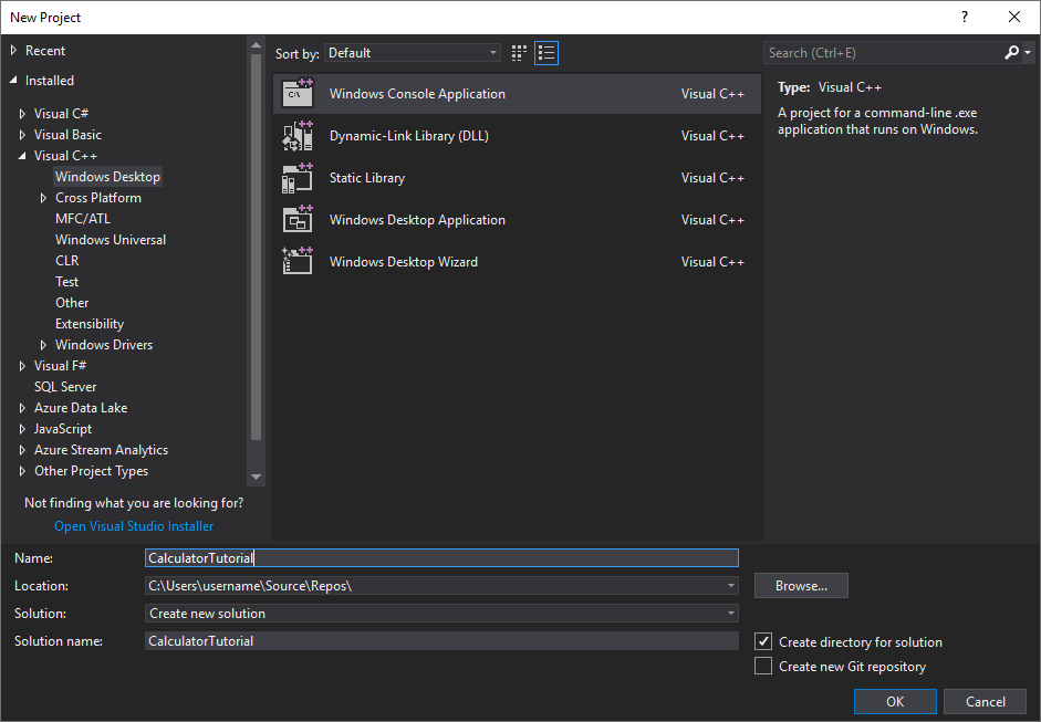 Screenshot of the New Project dialog. The Windows Console Application project type is selected. The Name text box set to CalculatorTutorial.