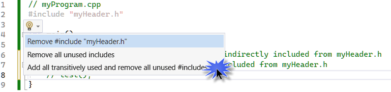 Three refactoring options are shown: Remove # include myHeader.h, remove all unused includes, and Add all transitively used and remove all unused # includes.