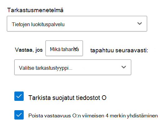 Näyttökuva, jossa näkyy Tietojen luokituspalvelun tarkastus -menetelmä.
