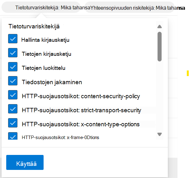 Näyttökuva, jossa näkyvät tietoturvariskitekijän suodattimet