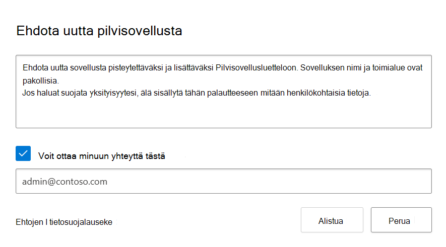 Näyttökuva, jossa näkyy Ehdota uutta sovellusta -ponnahdusikkuna 