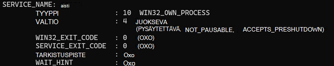 Näyttökuva palvelun tilan tarkistuksesta.