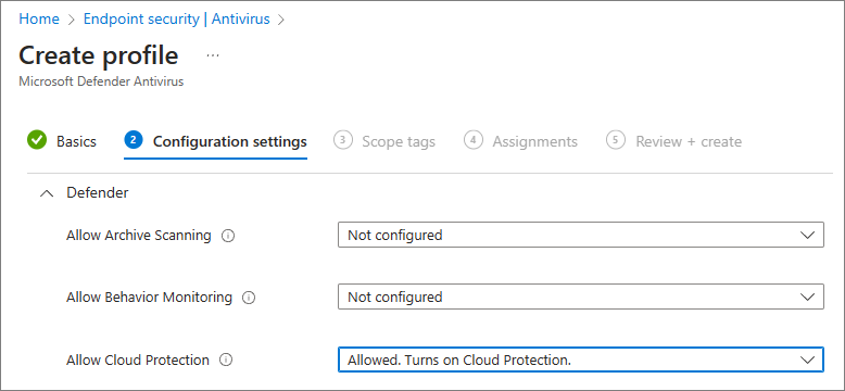 Näyttökuva Intunessa sallitun cloud protection -asetuksena.