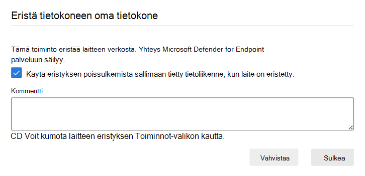 Näyttökuva, jossa näytetään, miten poikkeussääntöä käytetään laitteessa.