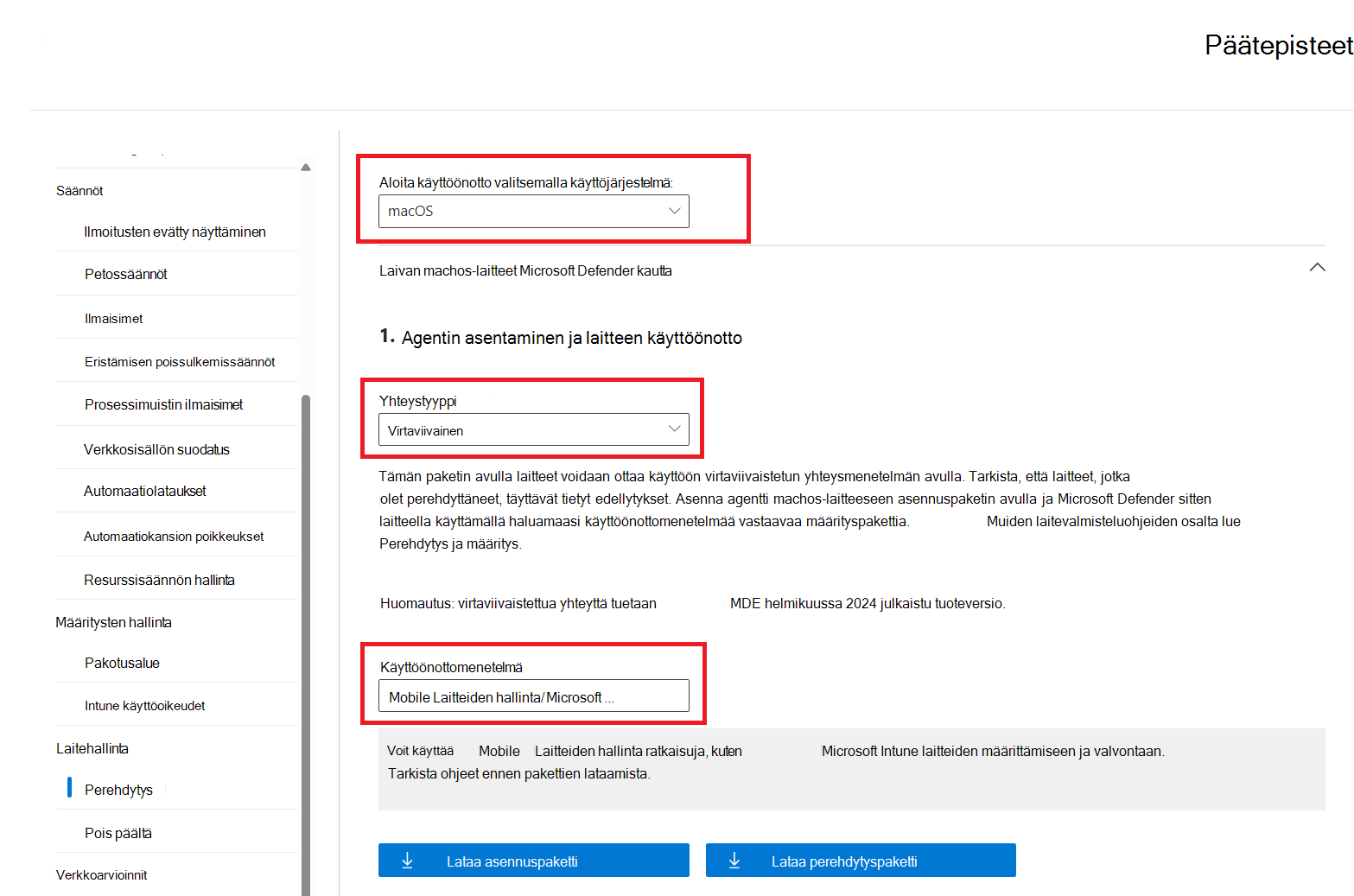 Näyttökuva käyttöönottomenetelmän mobiili Laitteiden hallinta/Microsoft Intune korostetusta käyttöönottosivusta.