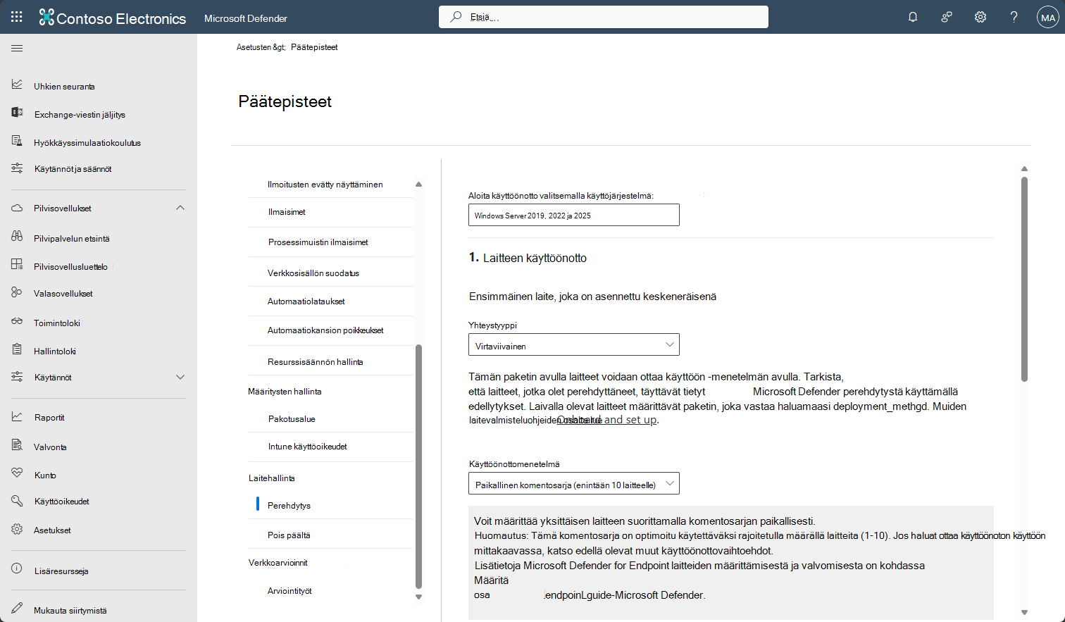 Näyttökuva, joka näyttää Windows Server 2019:n ja sitä uudempien versioiden perehdytysnäytön Defender for Endpointissa.