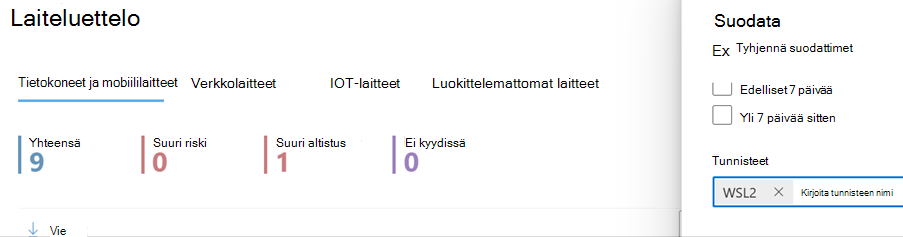 Näyttökuva, jossa näkyy laitteen varastosuodatin