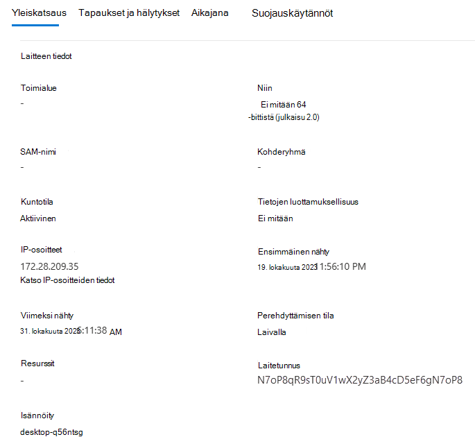 Näyttökuva, jossa näkyy laitteen yleiskatsaus.