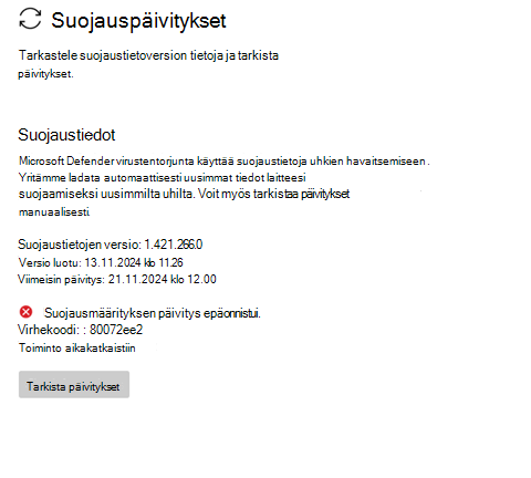 Näyttökuva suojausmäärityksen päivittämisestä epäonnistui.